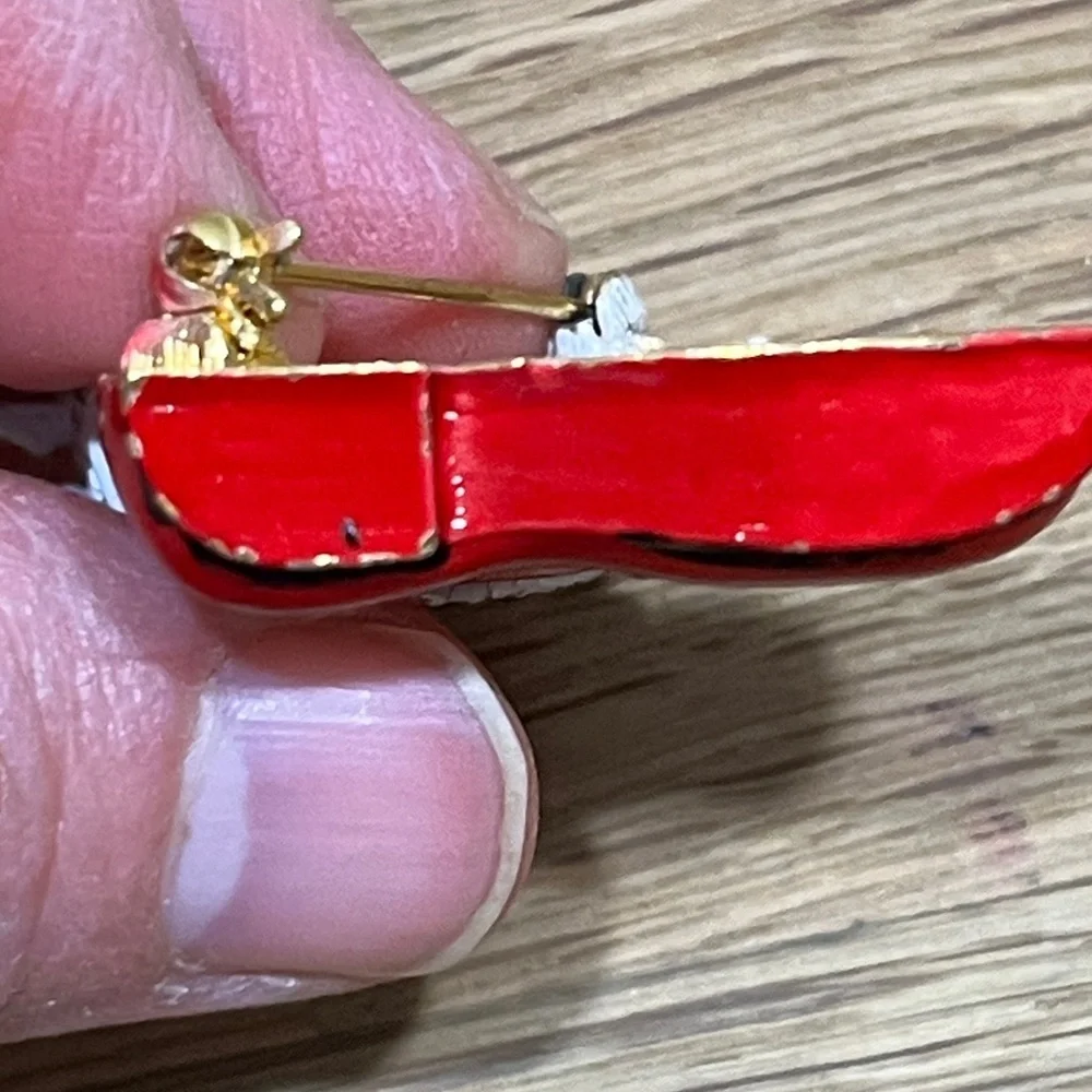 Vintage ART Christmas Enameled Brooch Santa’s Boot filled w/ Presents Xmas Pin